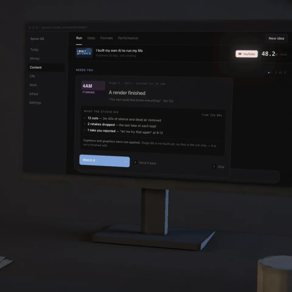 The OS on a monitor at night: a video at stage four, the hook waiting to be picked.